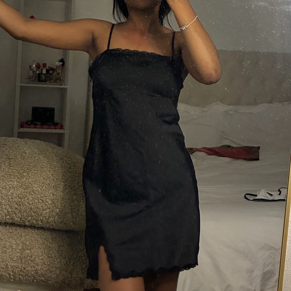 Urban Outfitters Black Slip Mini Dress with Lace Trim